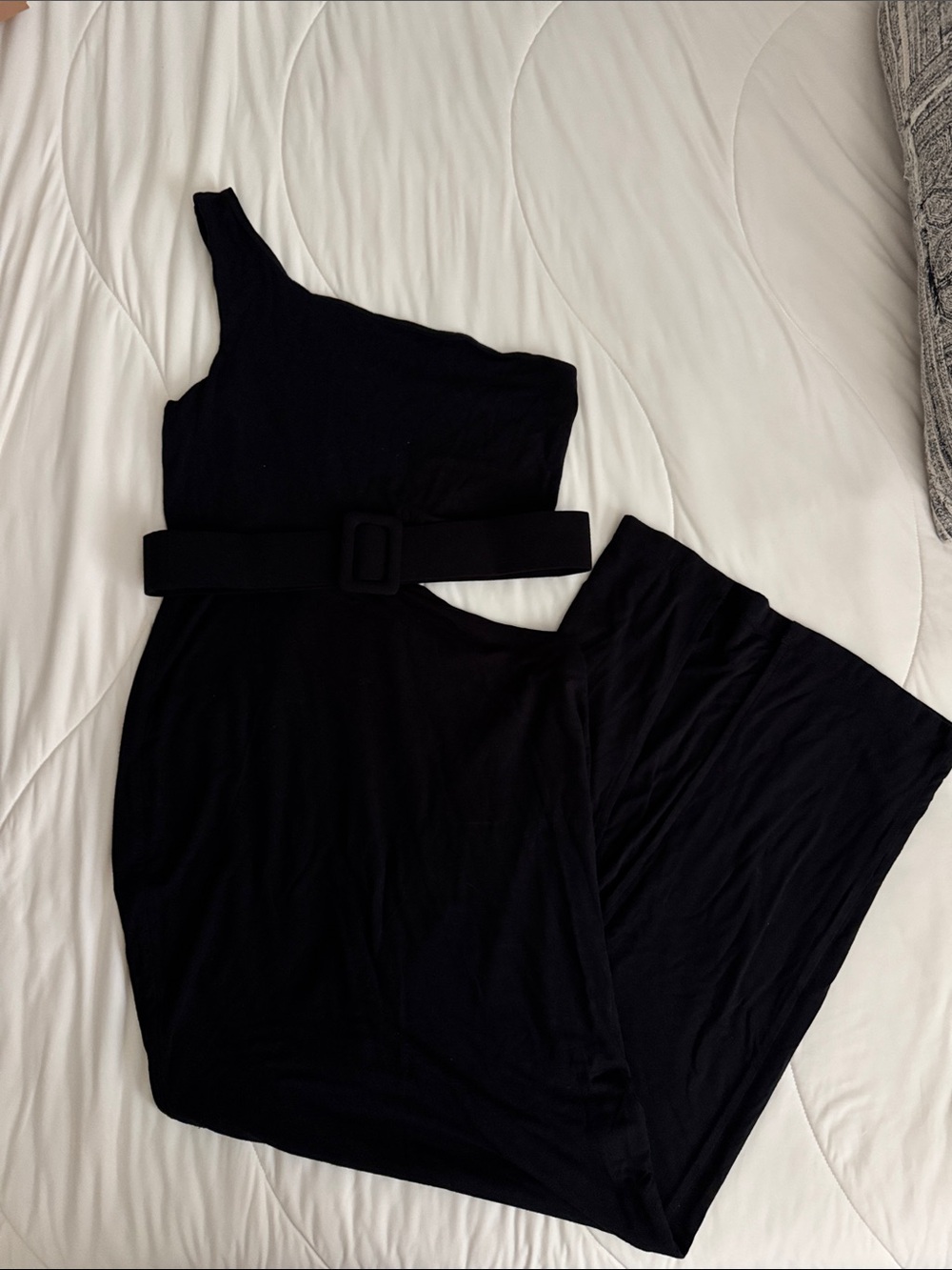 JLUXLABEL One-Shoulder Black Maxi Dress with Belted Waist